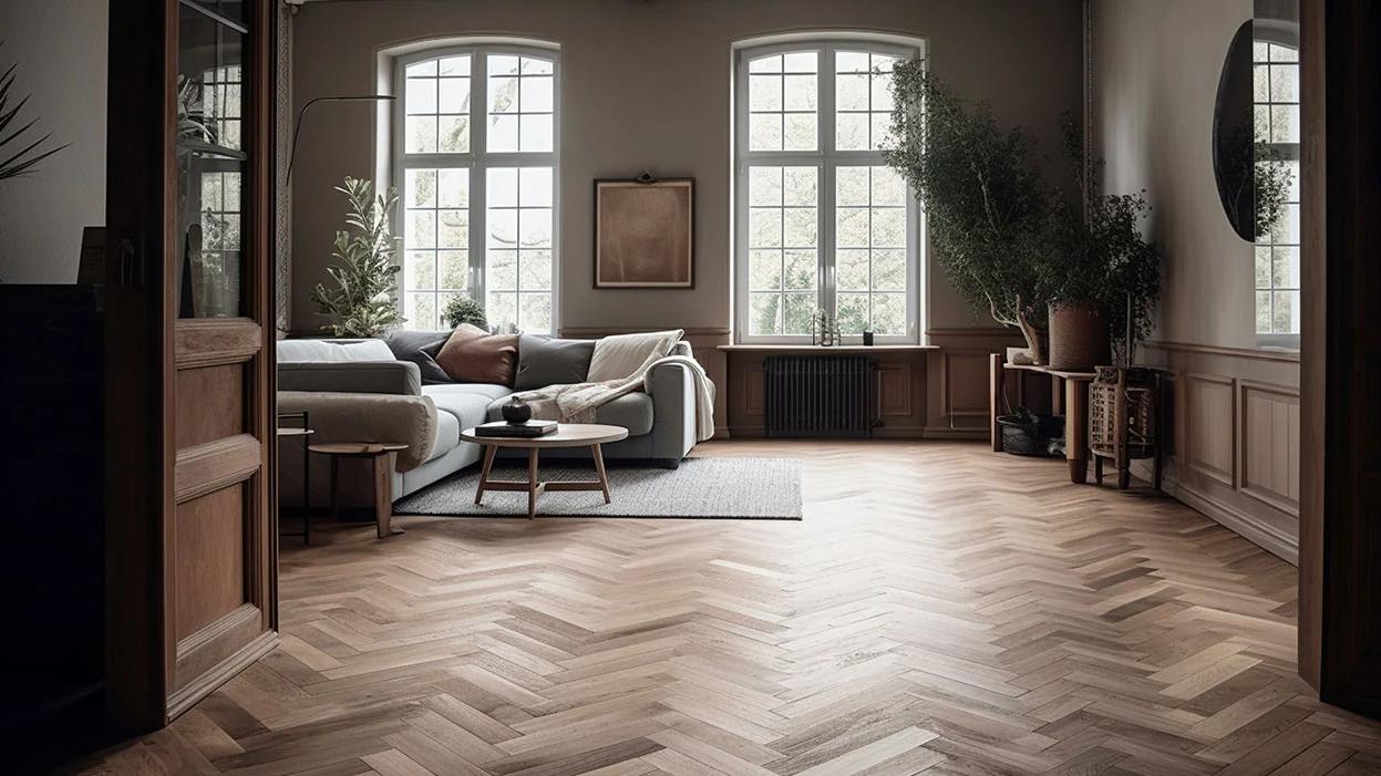 Modernes Wohnzimmer mit Holzfußboden, Sofa, Couchtisch und großen Fenstern, die natürlichen Lichteinfall bieten.