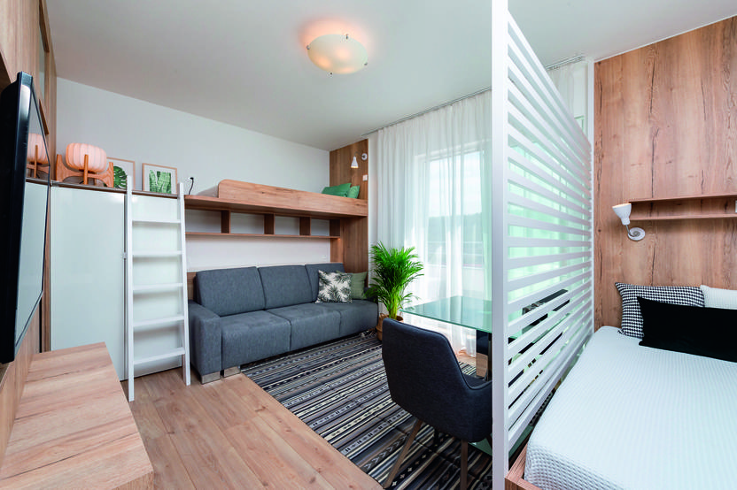 Modernes Wohnzimmer mit Couch, Glastisch und Schlafbereich, abgetrennt durch eine weiße Trennwand, Pflanzen und dekorativen Elementen.